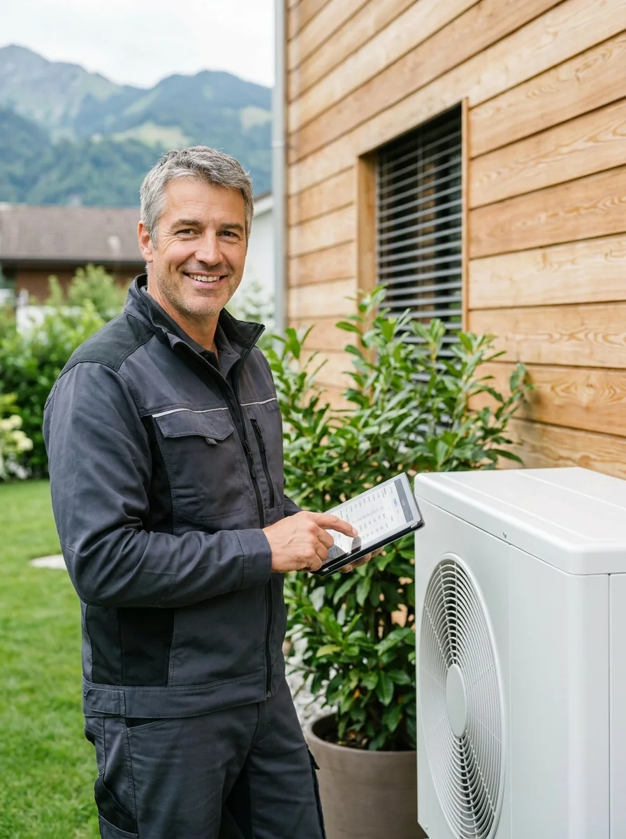 Heizungstechniker von Bolliger prüft eine moderne Wärmepumpe an einem Schweizer Haus