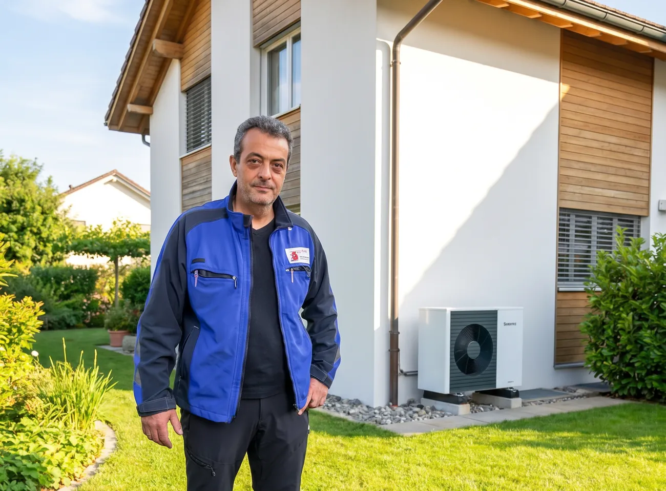 Inhaber von Bolliger Heizungen-Sanitär vor einem Einfamilienhaus mit Luft-Wasser-Wärmepumpe